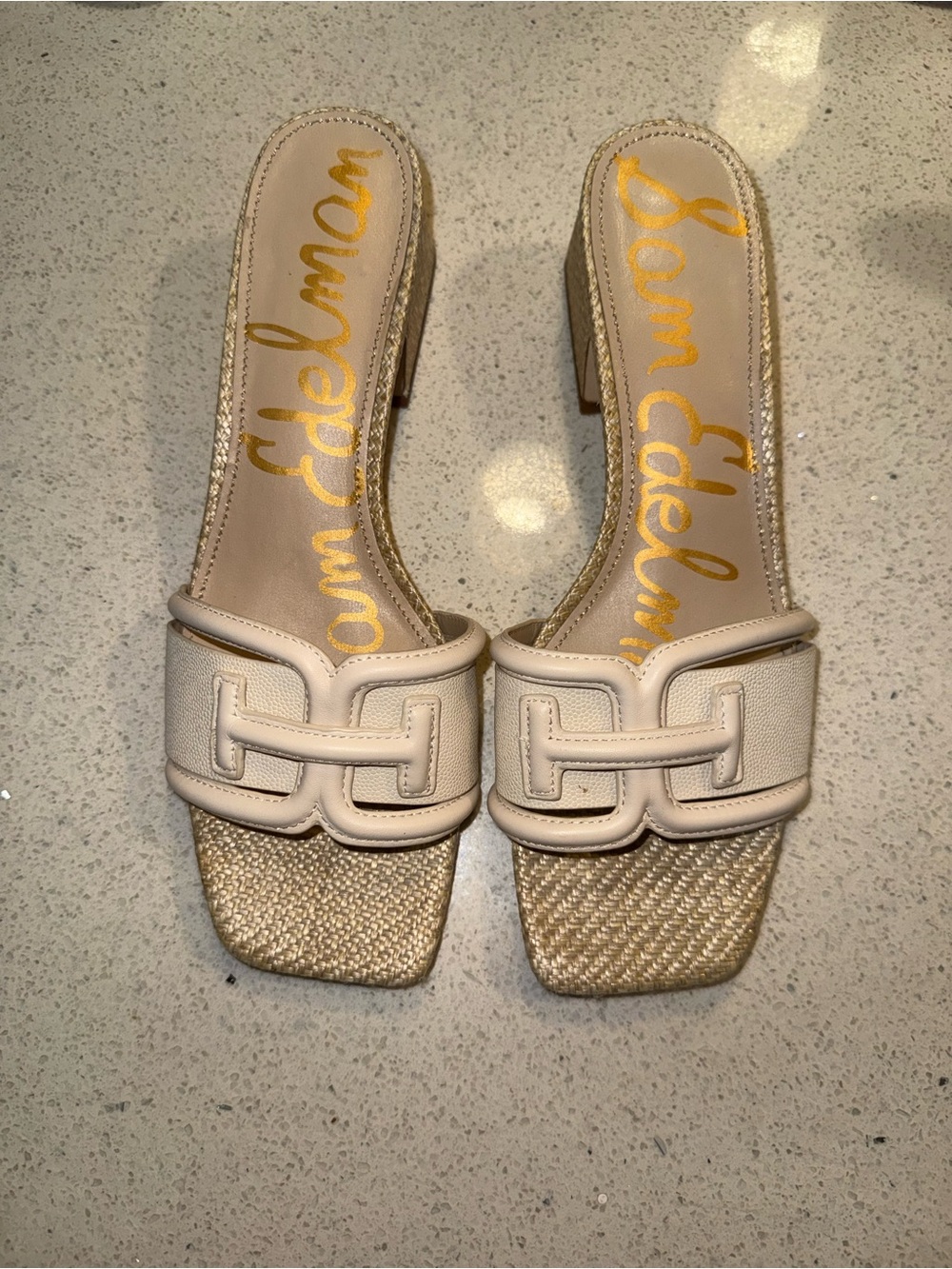 Sam Edelman Cream Leather Slide Mules with Gold Woven Insole
